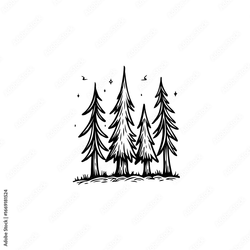 Obraz premium Minimalist forest illustration with conifers and flying birds evokes tranquil nature scene and