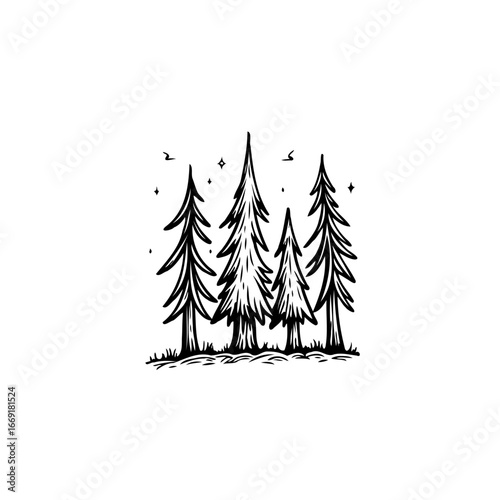 Minimalist forest illustration with conifers and flying birds evokes tranquil nature scene and