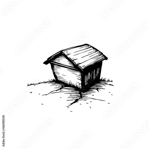Minimalist depiction of a small rustic shelter on cracked ground evoking isolation and simplicity