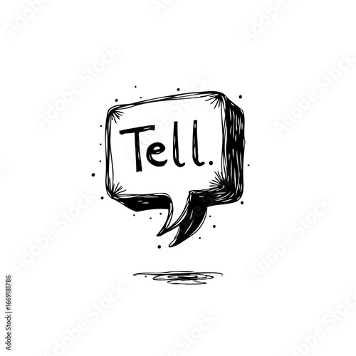 Monochromatic depiction of a speech bubble with the word tell conveying communication and