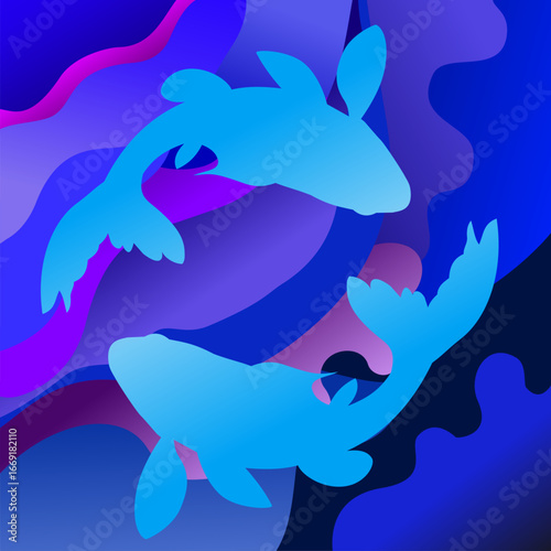 vector background depicting a pair of fish playfully swimming among flowing waves in soothing blue tones, blending elegance and tranquility with artistic design.