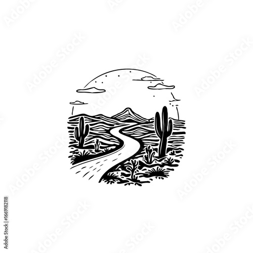 Monochrome desert scene showcasing a winding road cacti and mountain landscape evoking
