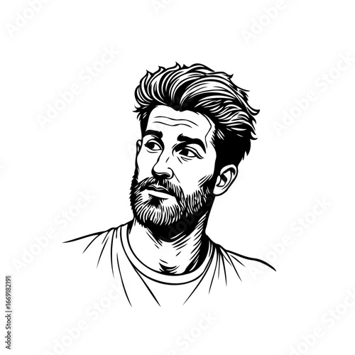 Monochrome man portrait with textured hair and beard looking aside creates visual depth through