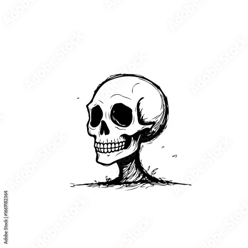 Monochrome skeletal figure emerges evoking somber contemplation of mortality and ephemeral