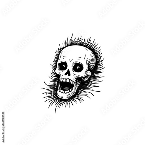Monochrome skull illustration with radiant lines embodying spooky artistry on a stark white