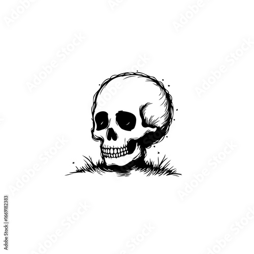 Monochrome skull illustration evoking mortality symbolism with minimalistic design on white