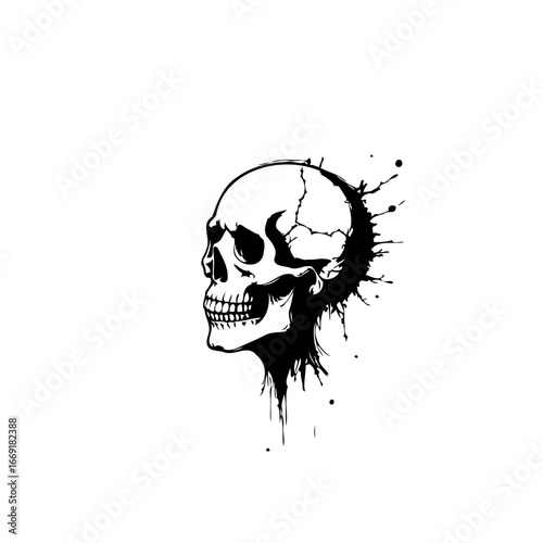Monochrome skull with abstract design elements, portrays fragility and mortality in a visually
