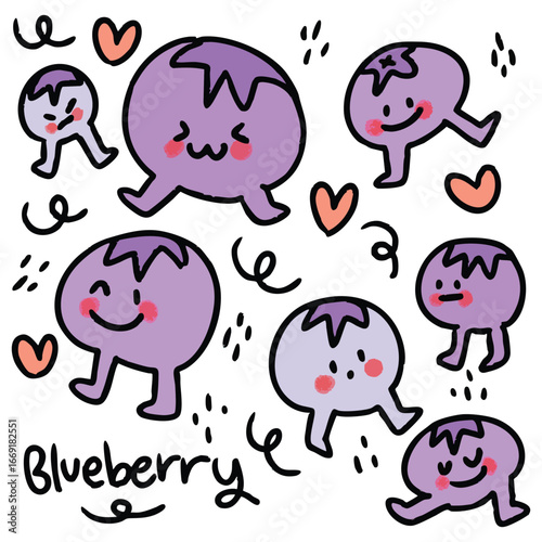 Adorable Blueberry Characters Hand Drawn Doodle