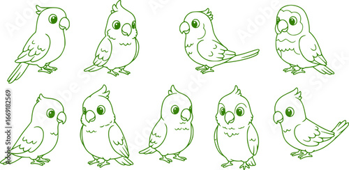 Set of Cute Cartoon Parrot Bird Line Art Outlines
