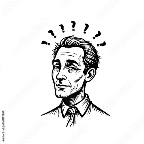 Pondering figure surrounded by doubts and queries showcasing introspection and uncertainty with an