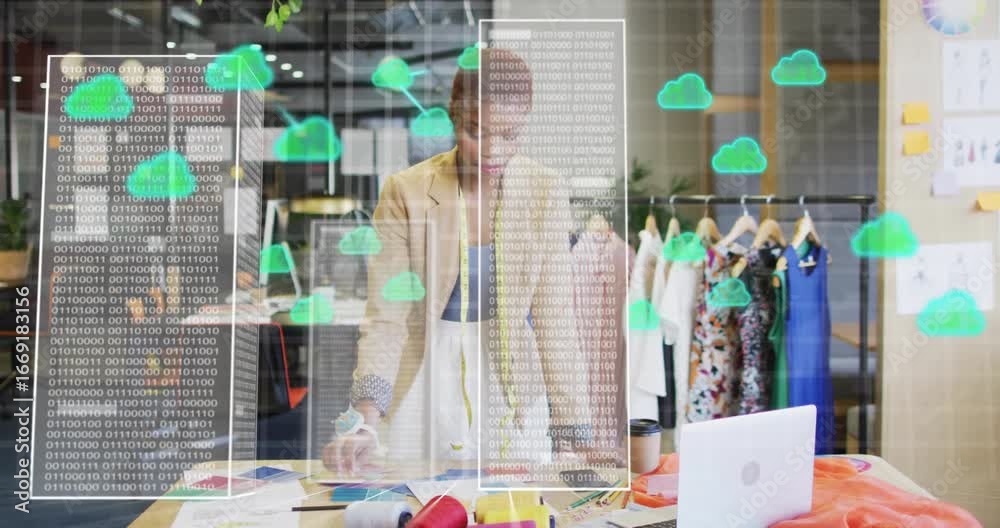 Fashion designer sorting swatches and initiating cloud icons with code ...