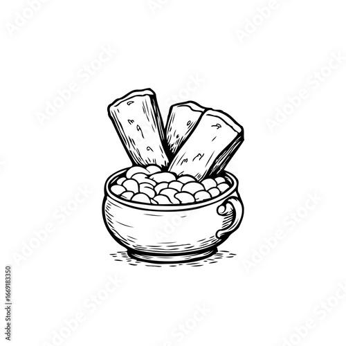 Sketch depicting a bowl brimming with spheres topped by three rectangular solids food illustration