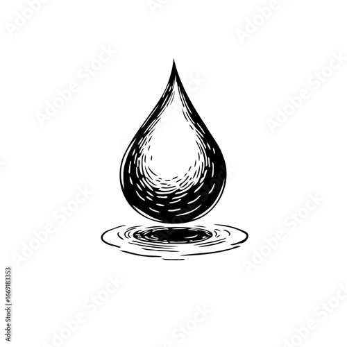 Single water droplet descends creating concentric ripples evoking purity and tranquility a hand