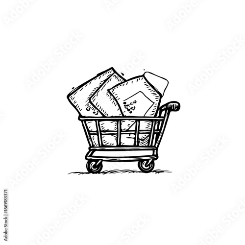Sketch depiction of a miniature shopping cart filled with packaged goods representing consumerism