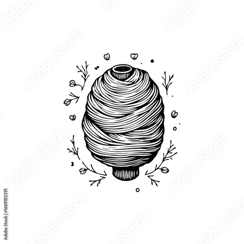 Sketch depiction of a fiber spool amidst floral details conveying artistic expression and crafting