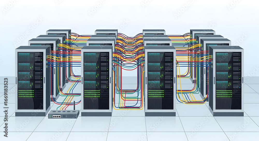 Naklejka premium data center servers connected by colorful cables
