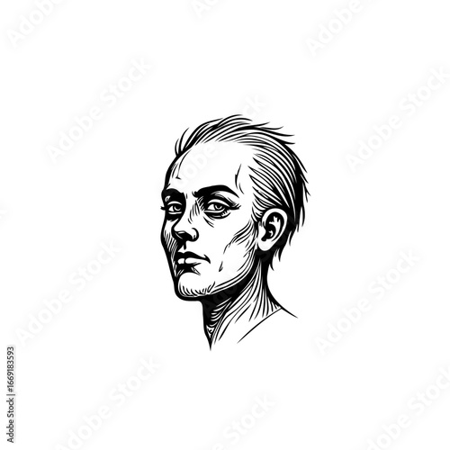 Striking monochrome portrait of a person with intense gaze and distinct features conveys