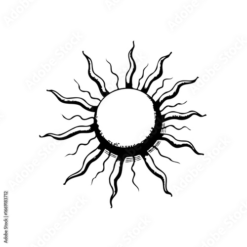 Stylized celestial sun burst illustration featuring intricate linear rays emanating outward