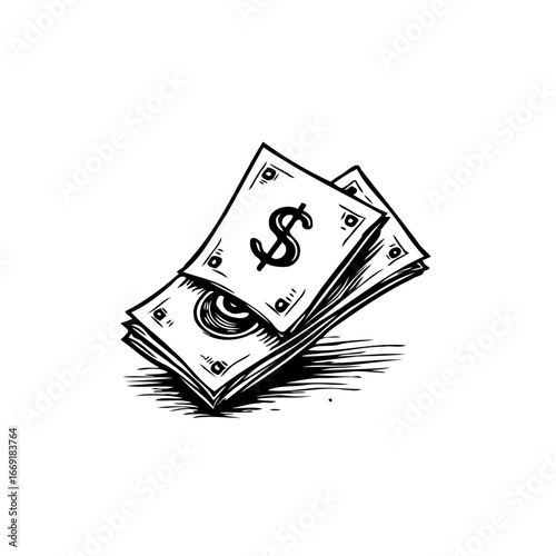 Stylized currency illustration showcasing wealth accumulation and financial themes in black and