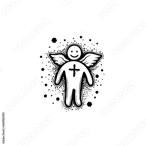 Stylized heavenly guardian figure illustration with simple features evoking childlike innocence