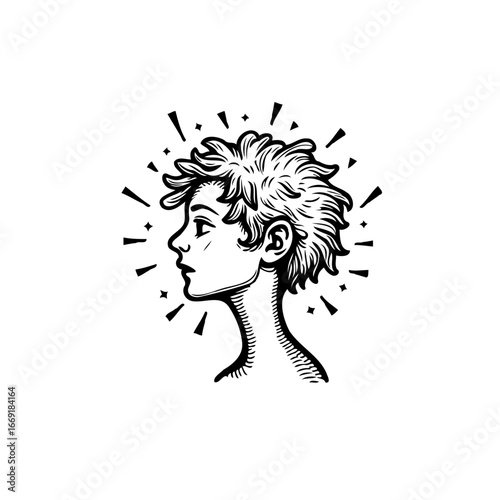 Stylized monochrome portrait unveils a radiant individual with a unique hairstyle and confident