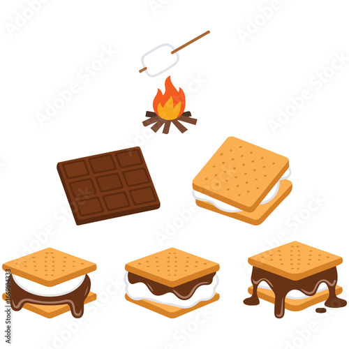 Preparation steps for smores sweet dessert with chocolate and marshmallow vector illustration