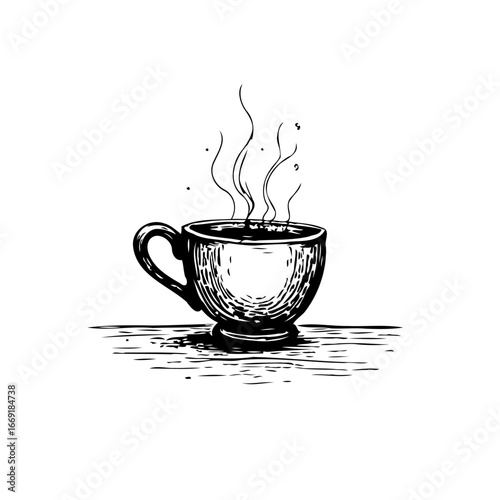 Vintage etched illustration of a steaming coffee cup presenting warmth beverage delight and