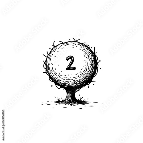 Whimsical arboreal numeral illustration showcasing a stylized tree bearing the number two within