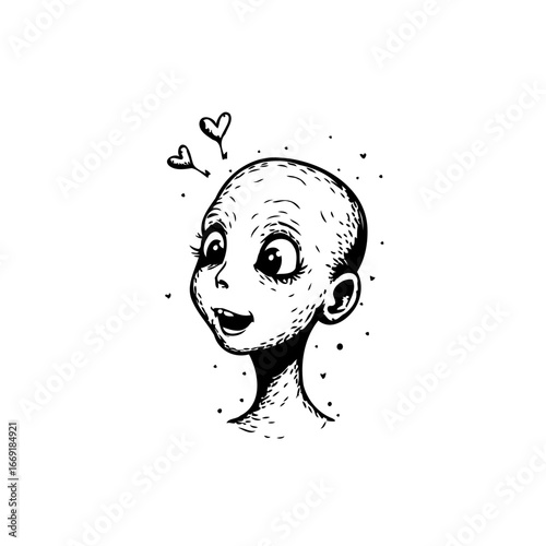 Whimsical black and white drawing of a bald-headed individual expressing affection and wonder with