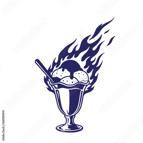 Burning ice cream sundae in a glass featuring dark chocolate and fiery flames isolated