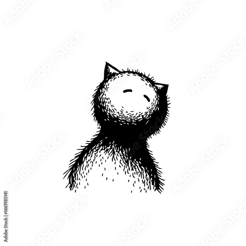 Whimsical creature gazes upwards in artistic monochrome rendering illustration creating a sense of