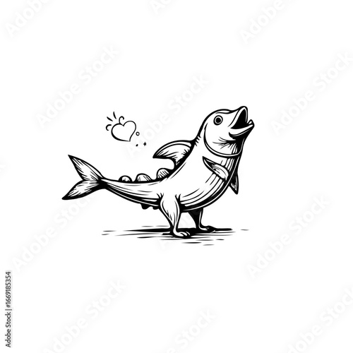 Whimsical depiction of a stylized fish character dreaming of love and affection on white background
