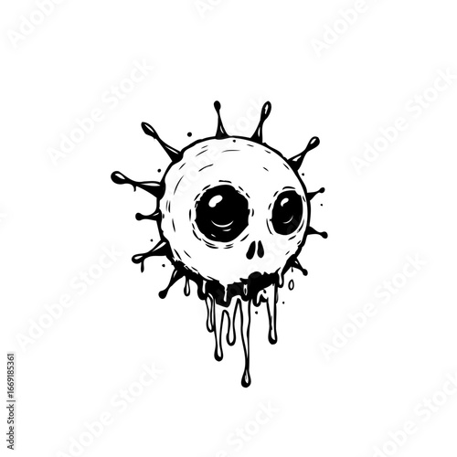 Whimsical depiction of a virus with cartoonish features and dripping ink illustration creating a