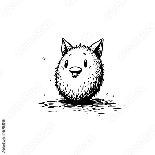 Whimsical fluffy creature with endearing eyes cast in monochrome minimalism offering artistic