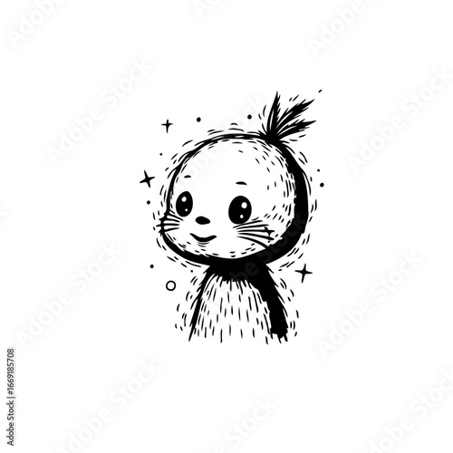 Whimsical hand drawn creature illustration featuring a cute character with playful star accents