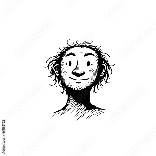 Whimsical hand drawn portrait of a cheerful character with tousled hair and a playful smile