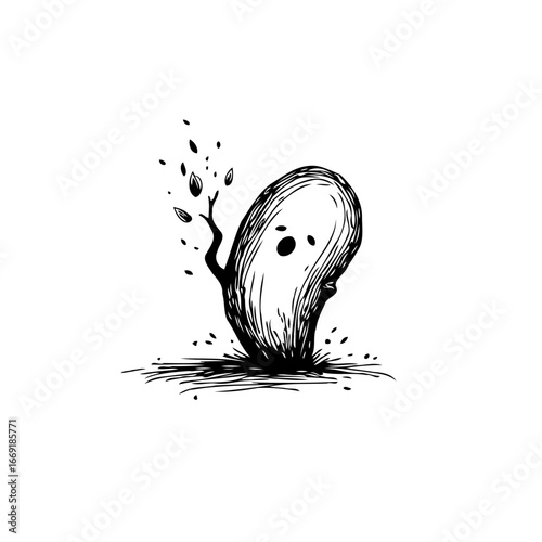 Whimsical hand-drawn ghostly bean character with tiny branches sprouting creates a strange fantasy