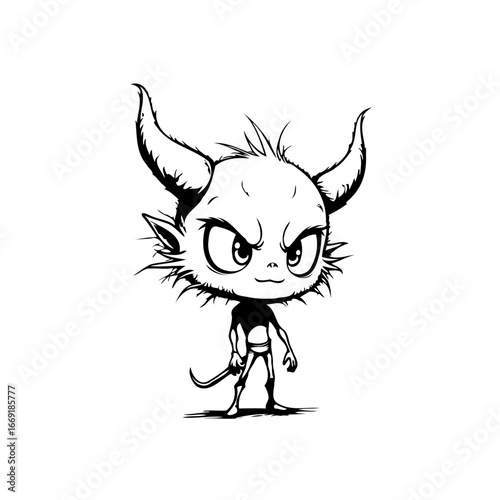 Whimsical horned cartoon character embodying mischief and fantasy on white with detailed sketch