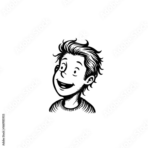 Whimsical inked portrait depicts an endearing young boy with a gleeful expression against a clean