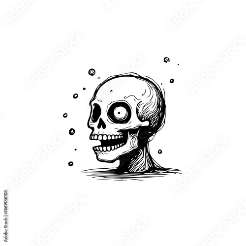 Whimsical monochrome skull illustration with scattered orbs evoking mortality and symbolic
