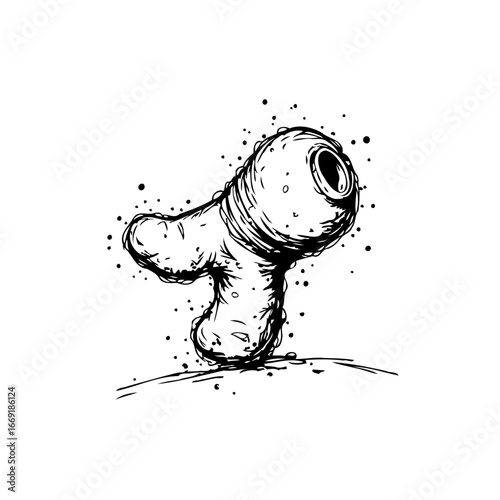 Whimsical organic form rendered with textured hatching suggesting alien flora or curious growth