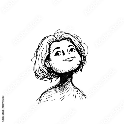 Whimsical portrait of a young woman with bobbed hair looking upwards sketched creatively