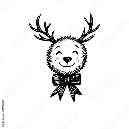 Whimsical reindeer illustration evokes holiday charm with its cheerful expression and elegant bow