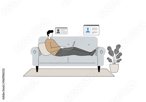 Man Working Remotely from Home on a Comfortable Couch.
