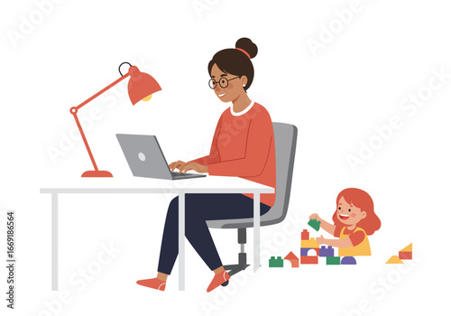 Working Mother and Child at Home.