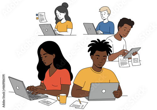 Focused Young Adults Working on Laptops and Tablets.