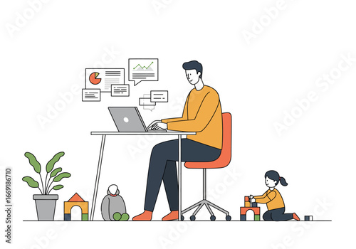 Father Working From Home with Daughter Playing.
