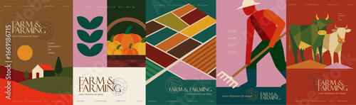 Agriculture, Farm, . Modern abstract vector illustration with pumpkins, cow, fields, gardener, village landscape and farmer for agriculture, eco products, rural harvest for poster, cover or background