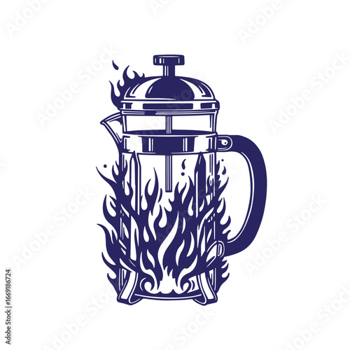 Coffee press surrounded by flames illustrating passionate coffee brewing and intense flavors