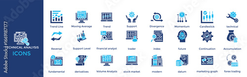 Technical Analysis icon set. Containing Trend Line, Moving Average, Trend, Support, Divergence, Momentum